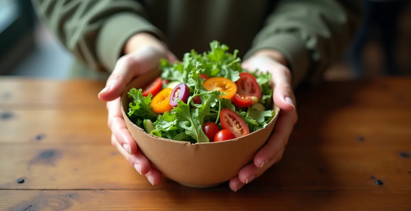 Gros plan sur des mains tenant un bol en carton kraft rempli de salade colorée