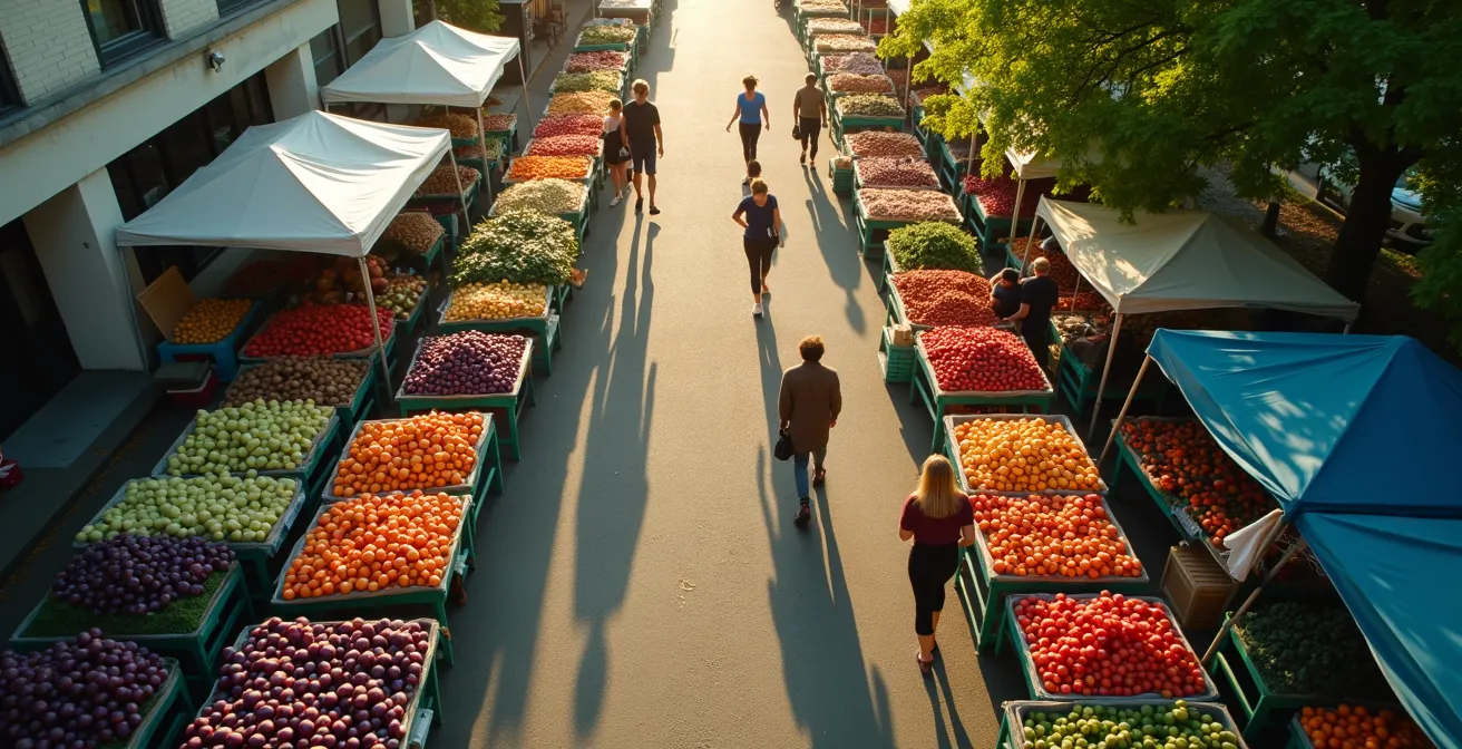 Vue aérienne d'un marché fermier québécois en été avec étals colorés de légumes de saison