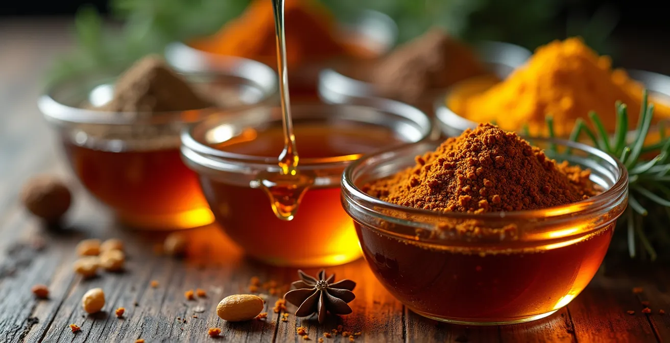 Composition d'ingrédients de marinade québécois incluant cidre de glace, sirop de bouleau et épices boréales