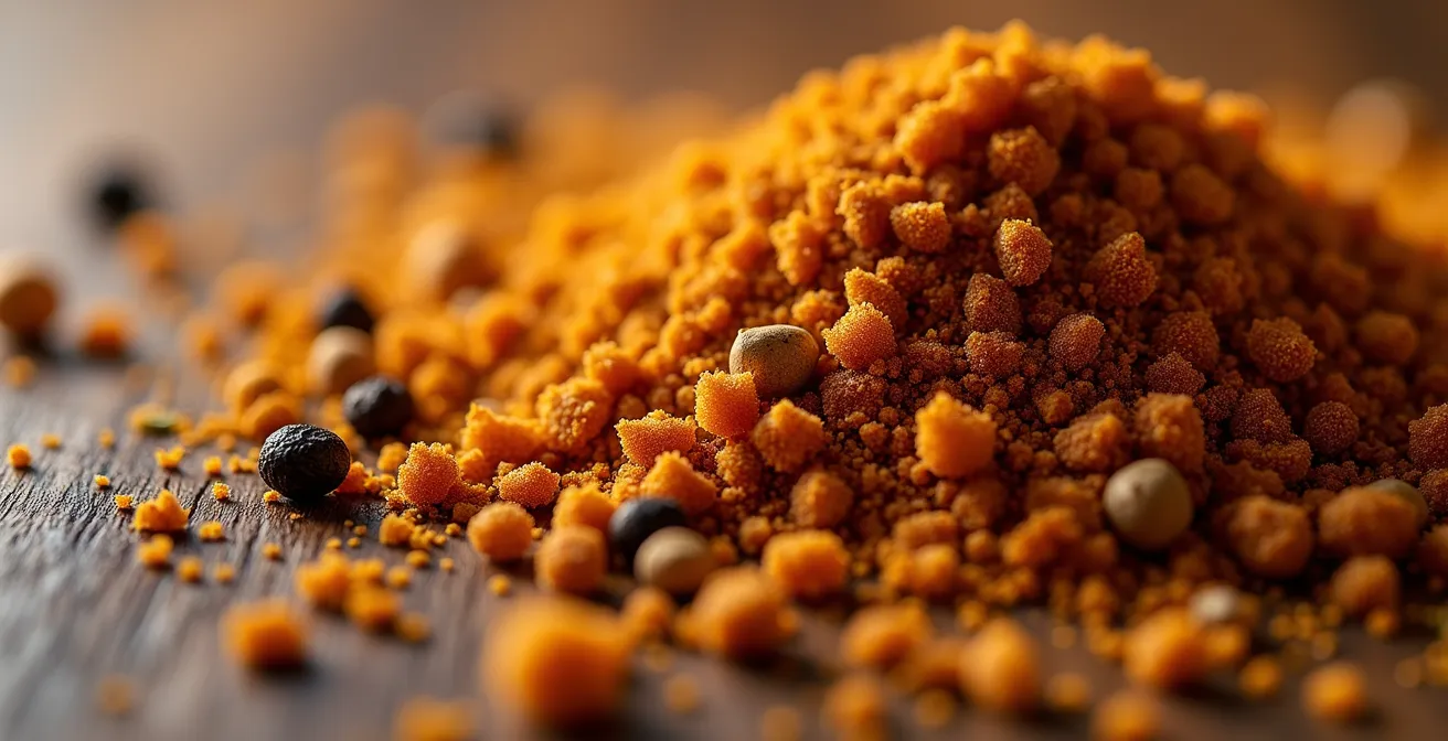 Vue macro détaillée d'un mélange d'épices pour barbecue avec cristaux de sucre d'érable et graines de coriandre