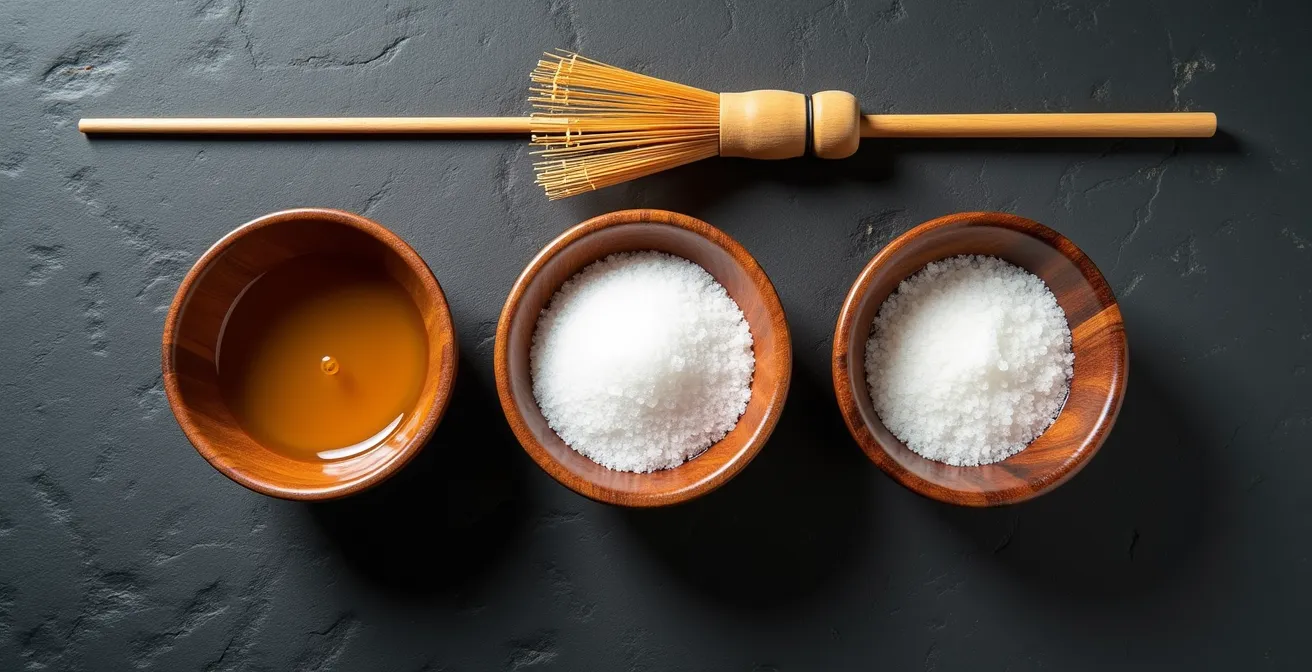 Préparation de l'assaisonnement pour riz à sushi avec vinaigre de riz, sucre et sel dans un bol en bois