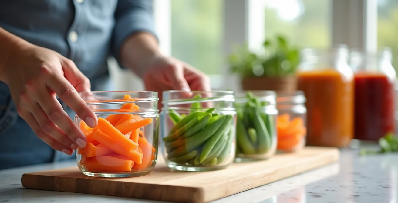 Plan de travail avec contenants de légumes prédécoupés colorés et sauces préparées
