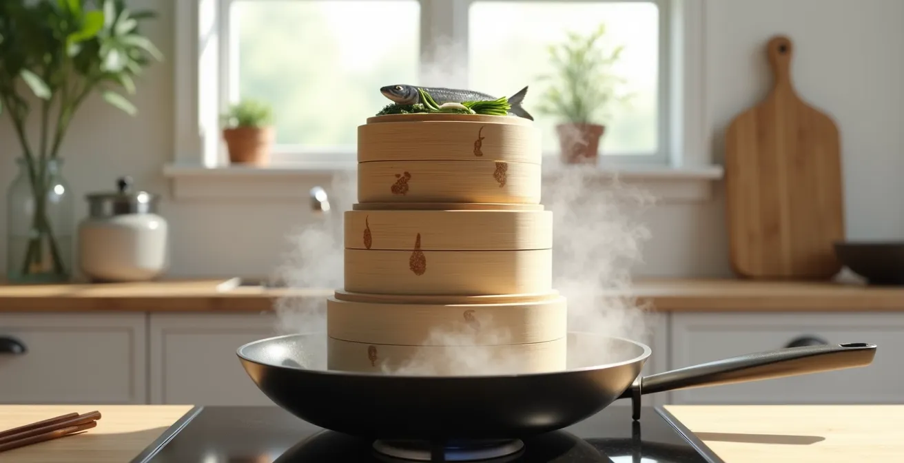 Paniers de bambou empilés avec poisson entier et légumes asiatiques en cuisson vapeur