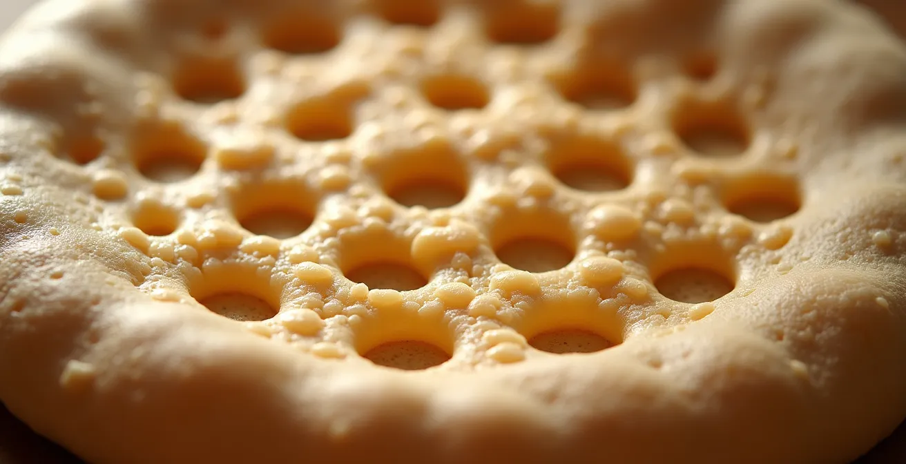 Gros plan sur la texture alvéolée d'une pâte à pizza après fermentation longue