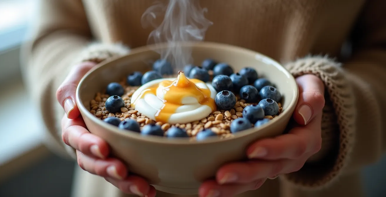Petit-déjeuner québécois équilibré avec gruau, yogourt grec, petits fruits et sirop d'érable