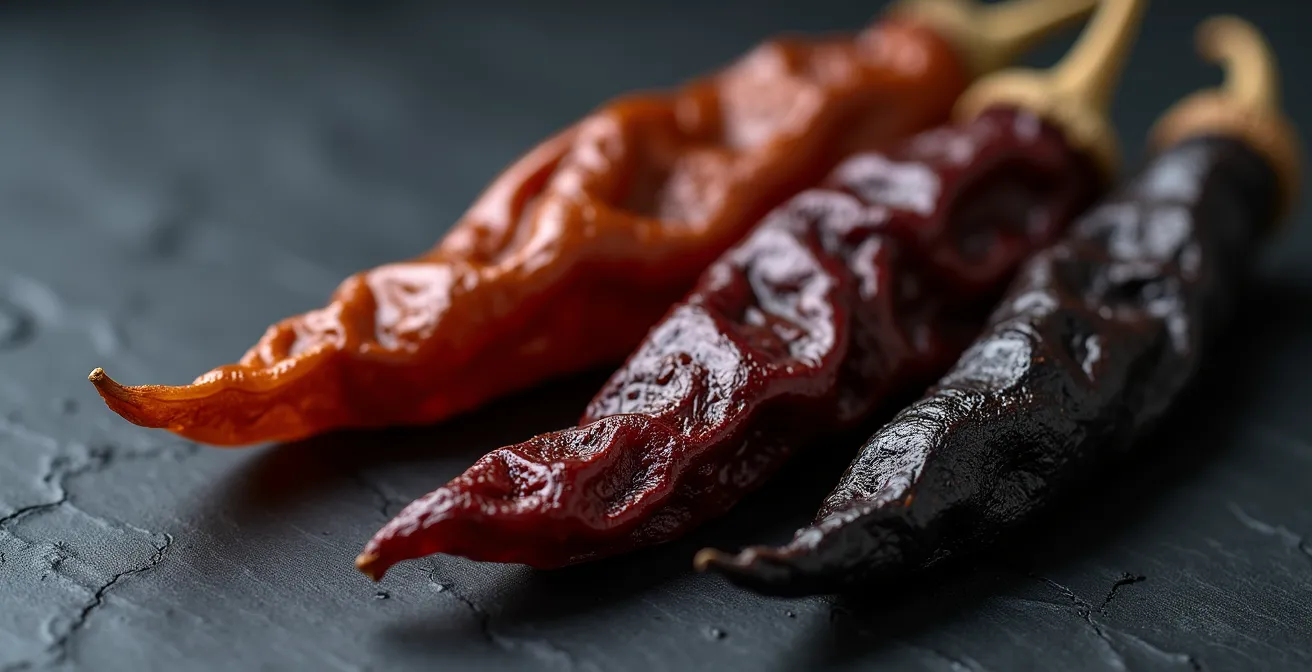 Assortiment de piments séchés mexicains montrant les différentes textures et couleurs