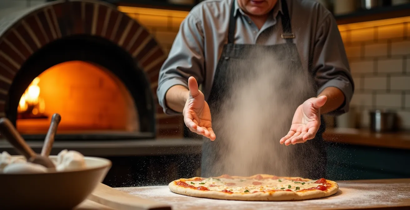 Scène de rue du quartier italien de Montréal dans les années 1950 avec une pizzeria traditionnelle