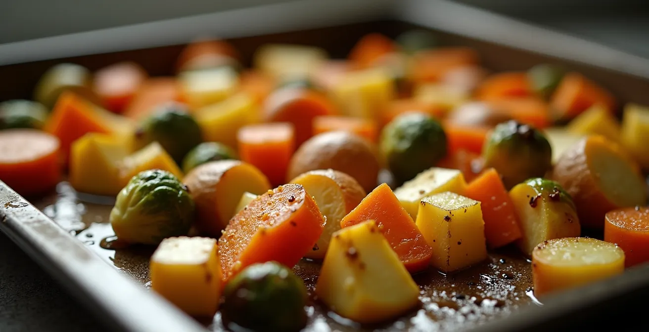 Gros plan sur une plaque de cuisson avec des légumes colorés parfaitement espacés avant le rôtissage