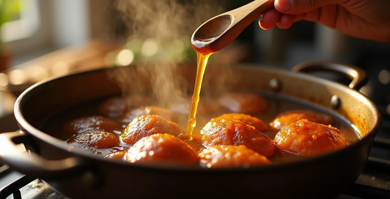 Vue rapprochée d'une plaque de rôtissage avec des sucs dorés caramélisés au fond, une main verse du liquide pour déglacer