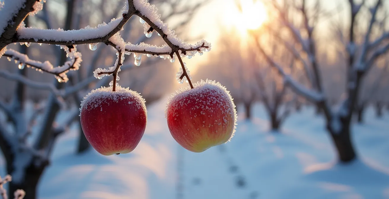 Pommes gelées recouvertes de cristaux de glace sur un pommier en hiver