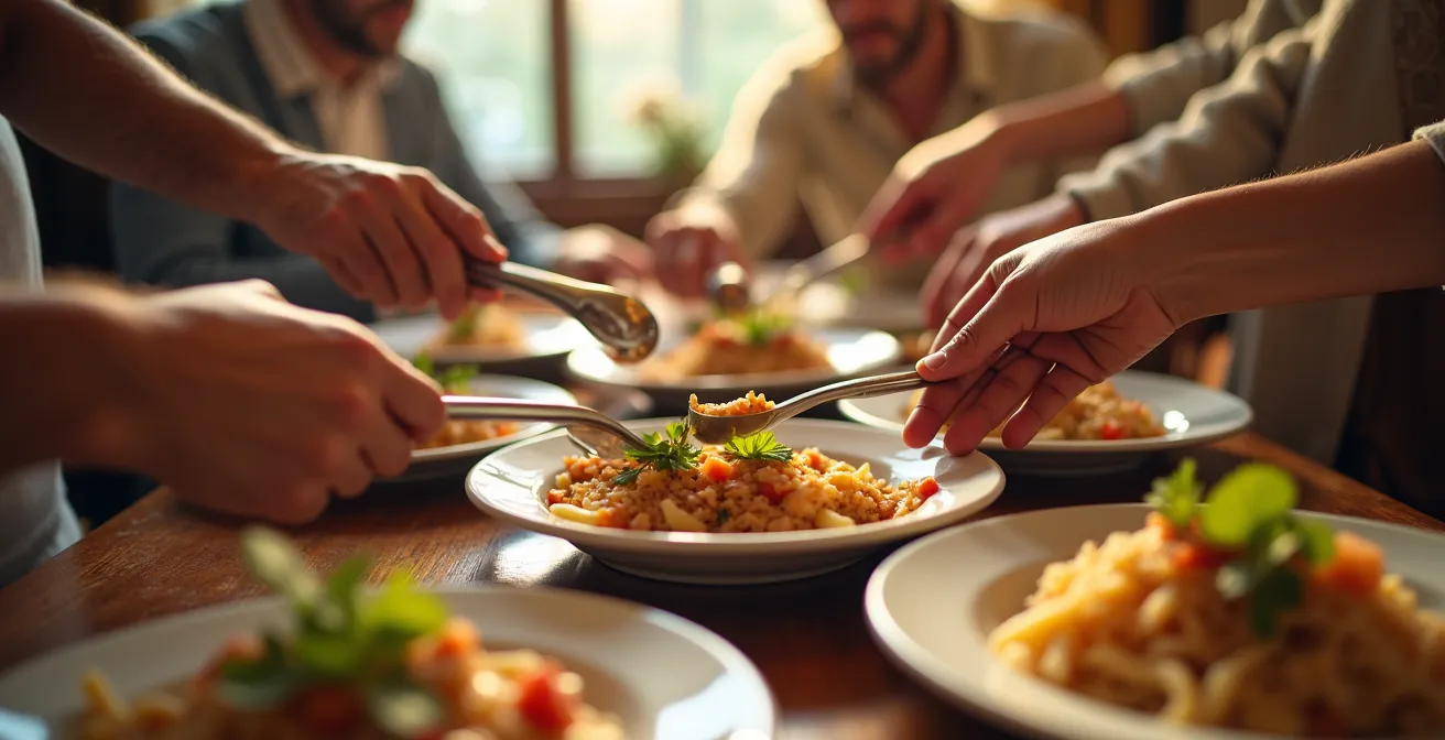Table vue du dessus avec multiples plats colorés de différentes cultures disposés en cercle