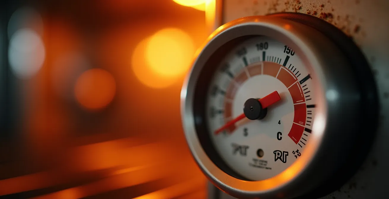 Vue macro d'un thermomètre de four affichant la montée en température dans un four professionnel