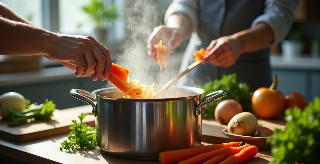 Plan large d'une cuisine avec marmite fumante et légumes du marché Jean-Talon