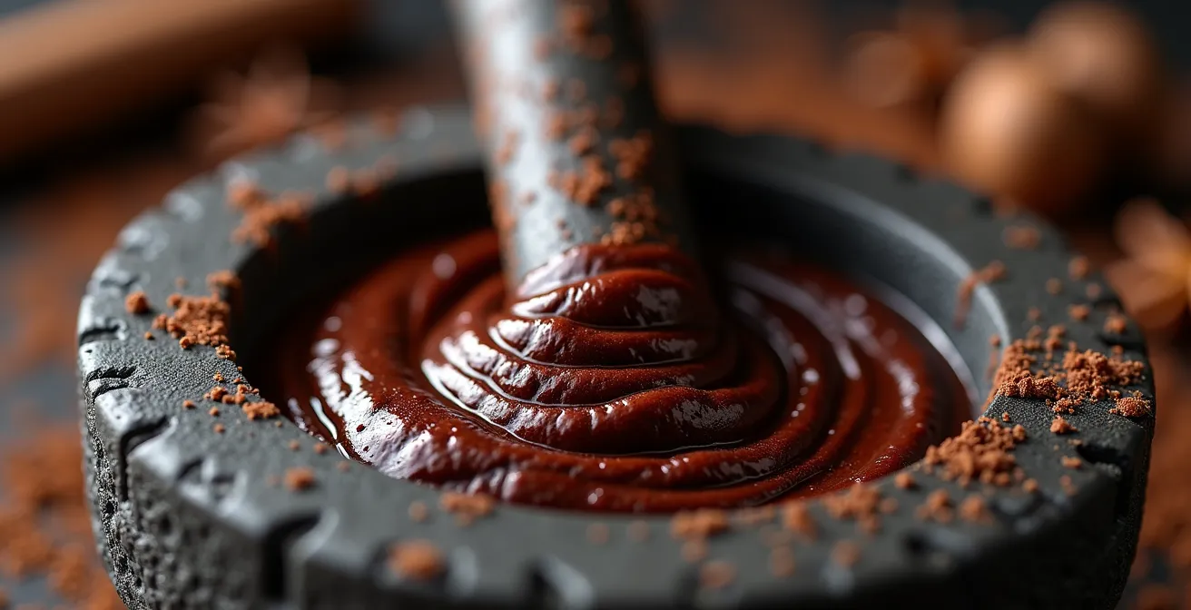 Préparation traditionnelle du mole avec mortier et piments torréfiés