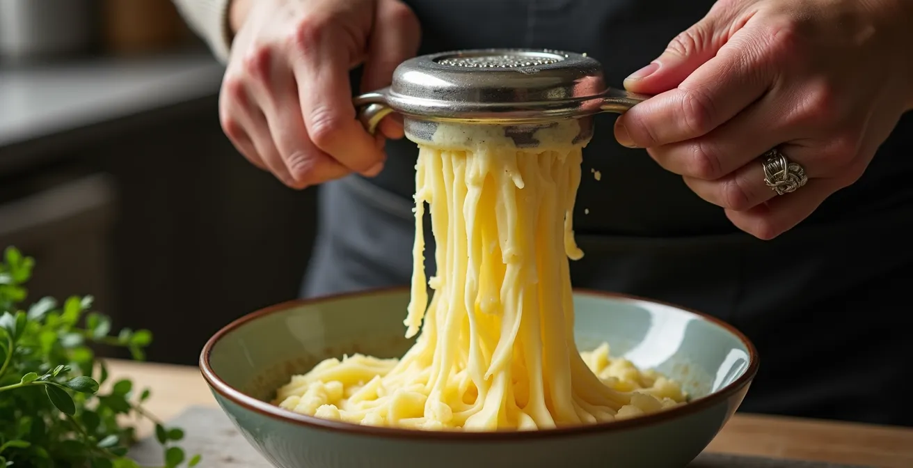 Gros plan sur un presse-purée manuel en action avec de la purée qui passe à travers les grilles