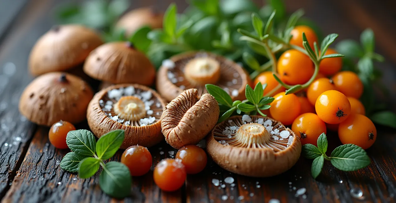 Vue macro d'ingrédients québécois typiques arrangés de manière artistique sur une surface de travail en bois