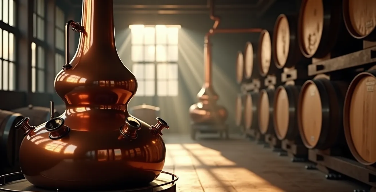 Alambic de cuivre dans une distillerie québécoise avec barils de vieillissement en arrière-plan