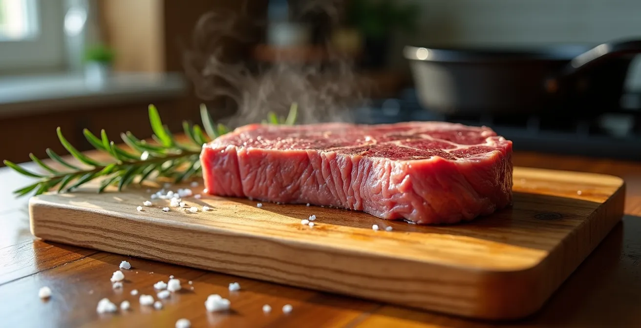 Coupe transversale d'un steak au repos montrant la répartition uniforme des jus
