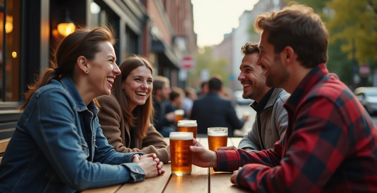 Vue de rue animée du quartier Rosemont à Montréal, avec des gens attablés aux terrasses de microbrasseries.