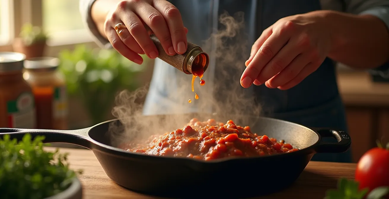 Poêle en fonte avec sauce à spaghetti mijotant et ingrédients umami disposés autour