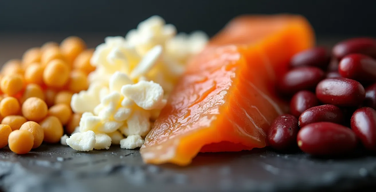 Arrangement de diverses sources de protéines québécoises incluant légumineuses, fromages locaux et poissons de lac