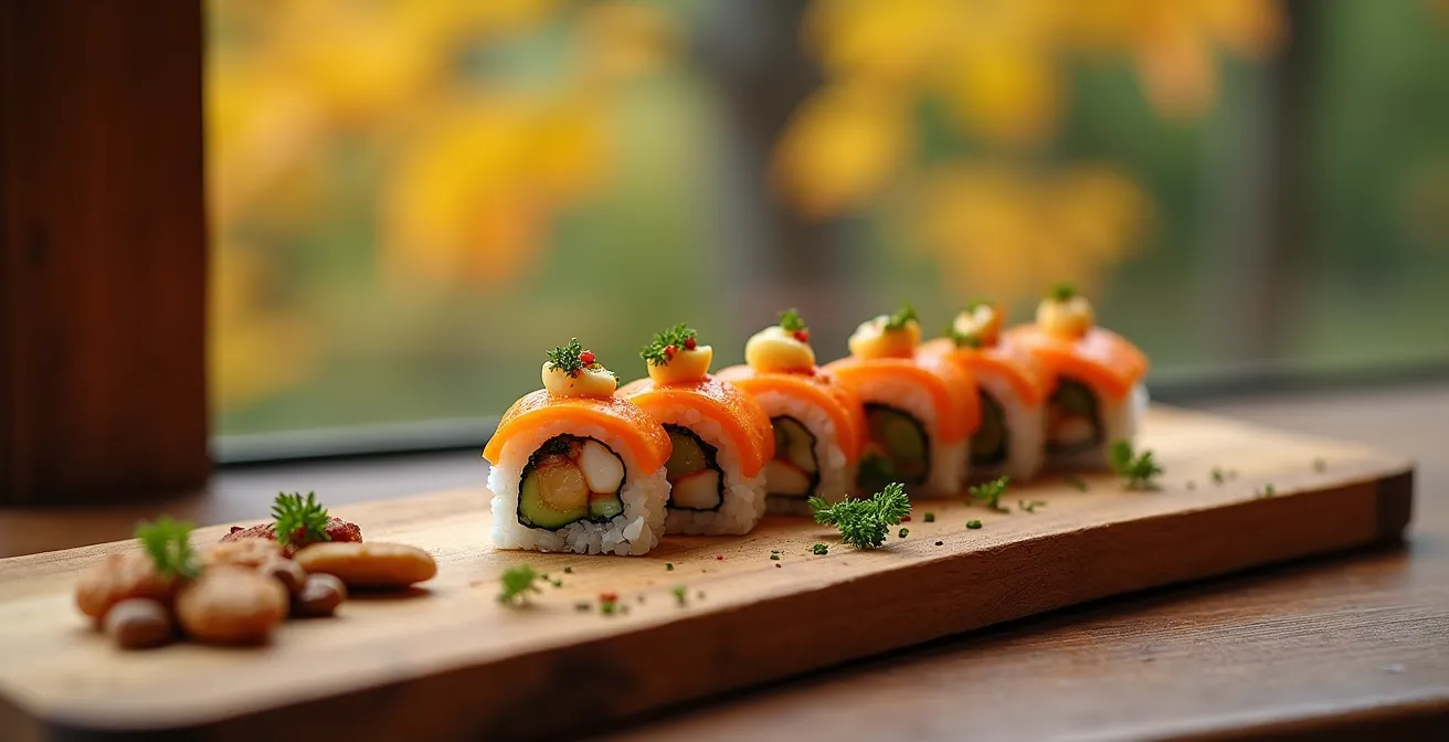 Makis végétariens colorés avec betteraves jaunes rôties et panais du Québec