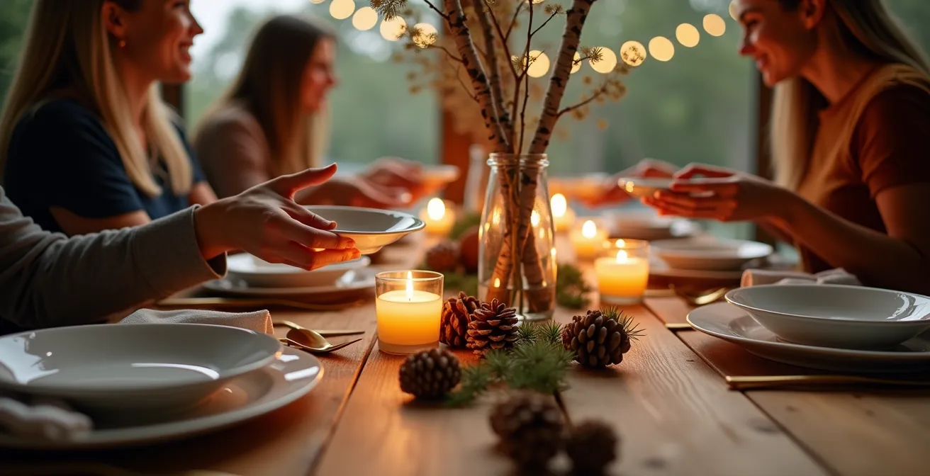 Vue d'ensemble d'une table dressée avec éléments naturels québécois créant une ambiance chaleureuse