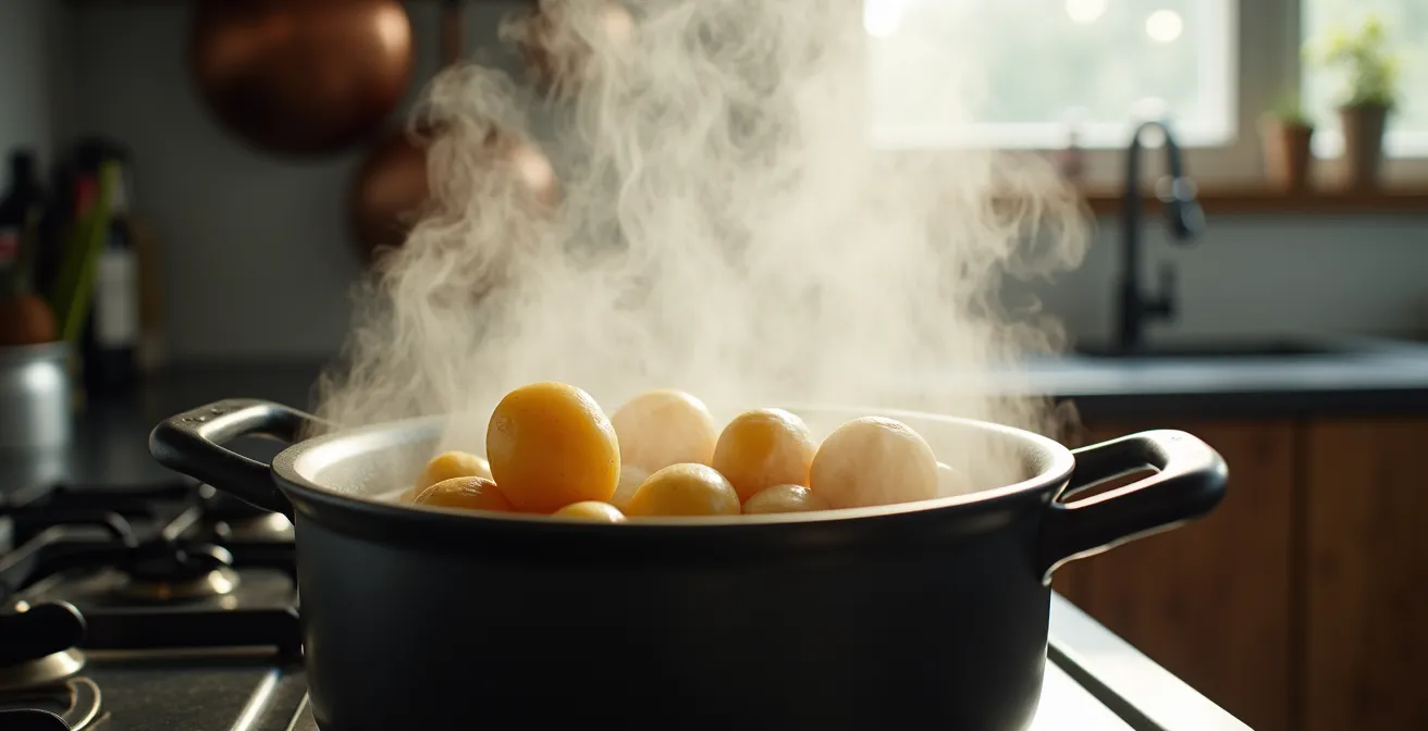 Pommes de terre cuites fumantes dans une casserole sur feu doux