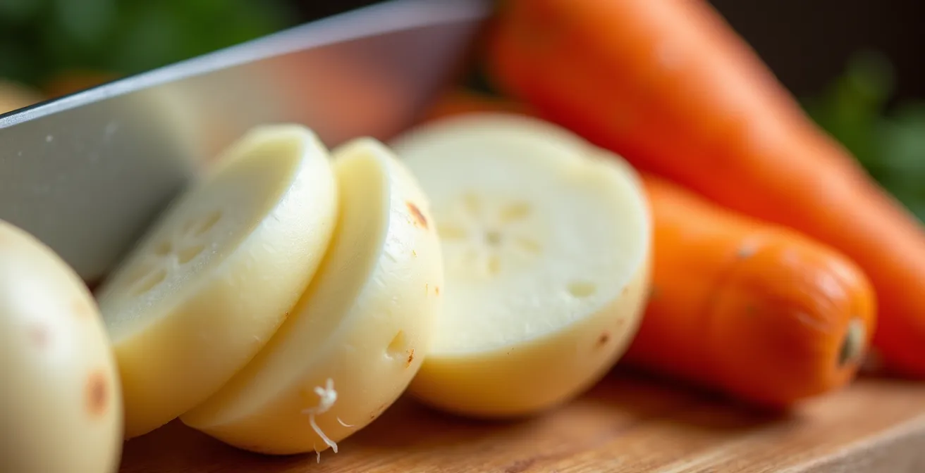 Photo macro montrant un panais fraîchement coupé à côté de carottes familières sur une planche à découper en bois