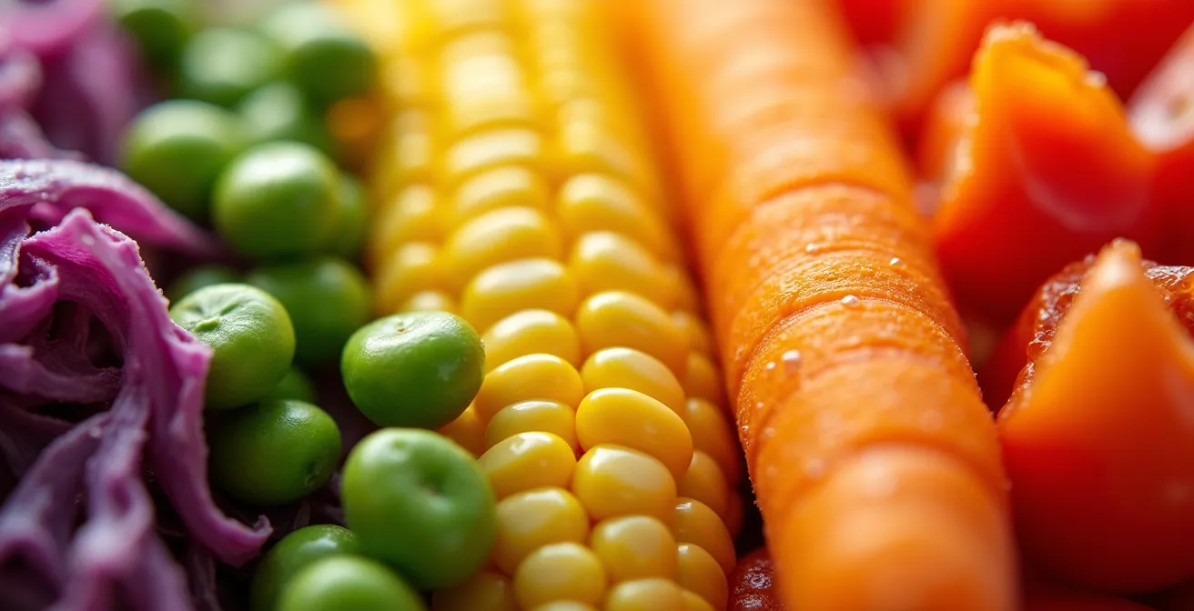 Gros plan macro sur les textures et couleurs vibrantes d'aliments frais formant un arc-en-ciel naturel