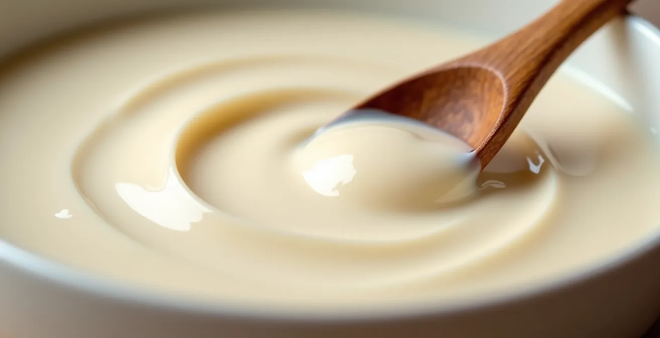 Gros plan sur texture crémeuse de purée de haricots blancs avec tourbillon visible
