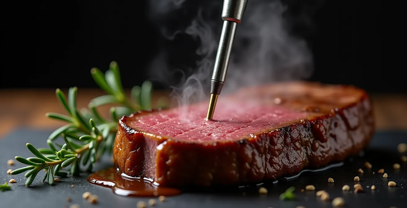 Thermomètre de précision mesurant la température d'une pièce de gibier québécois