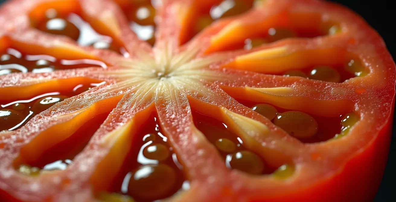 Gros plan sur la chair juteuse d'une tomate ancestrale québécoise coupée en deux