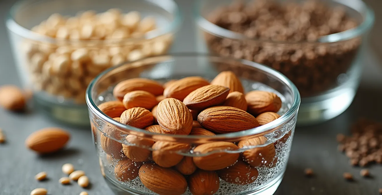 Gros plan macro sur des amandes et graines de tournesol dans l'eau avec bulles