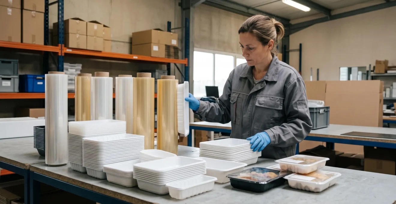 Un technicien compare des barquettes alimentaires de différents formats avec des rouleaux d'opercule sur une table de préparation.