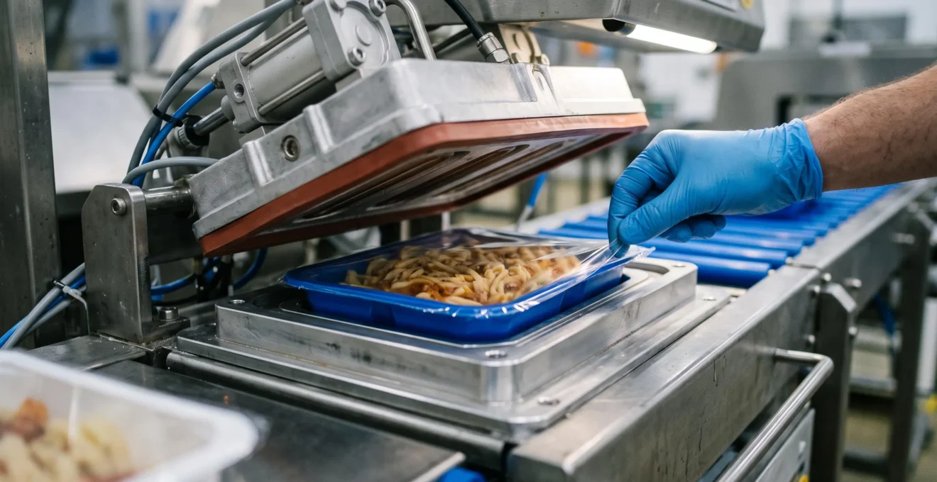 Un technicien vérifie du bout des doigts la qualité du scellage de l'opercule sur une barquette fraîchement thermoscellée.