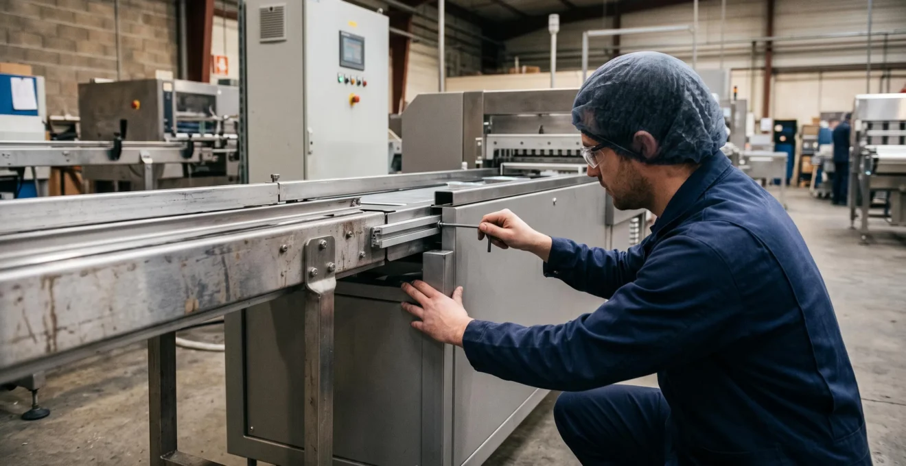 Un technicien aligne le convoyeur d'une thermoscelleuse avec la ligne existante dans un atelier agroalimentaire.