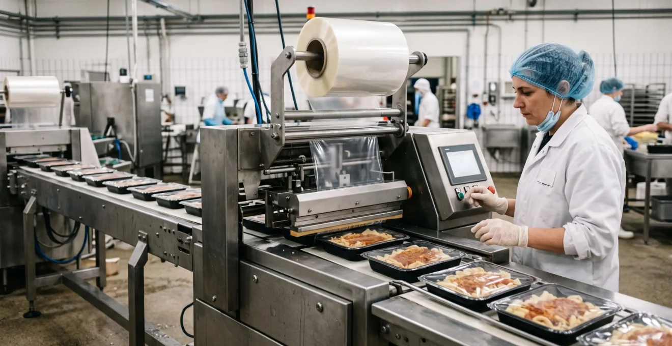 Une opératrice surveille une thermoscelleuse automatique fermant des barquettes alimentaires sur une ligne de production.